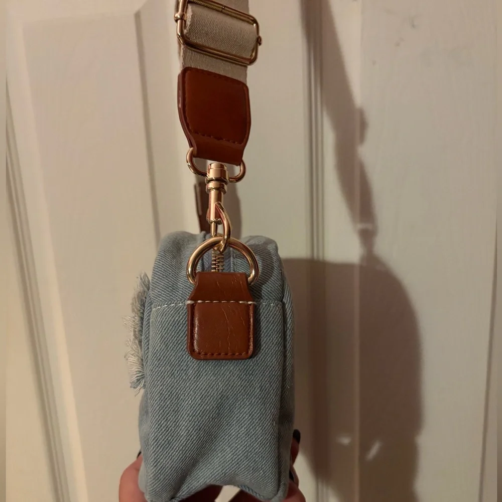 Denim Camera Crossbody Bag with Tan Strap - Picture 5 of 10